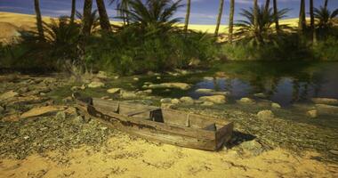 CGI Abandoned wooden boat resting by a tranquil oasis in a desert landscape video