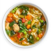 A bowl of soup with vegetables and meat in it photo
