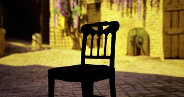 CGI Empty chair on cobblestone street with vibrant flowers in the background video