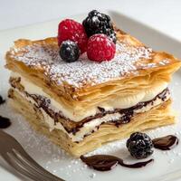 A piece of cake with berries and cream on top photo