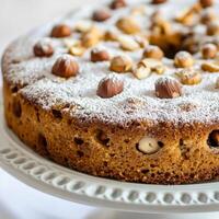 A cake with nuts and powdered sugar on top photo