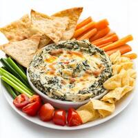 Spinach and cheese dip with crackers and vegetables photo