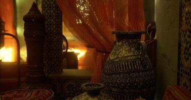 CGI Intricate artifacts and warm lighting in a cultural interior video