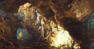 CGI Majestic cave interior with dramatic lighting and rock formations video