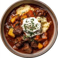A bowl of beef stew with mashed potatoes and sour cream photo