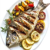 Grilled fish with vegetables and lemon slices on a white plate photo