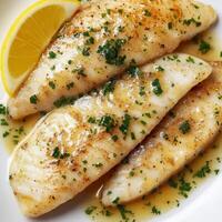 Three fish fillets with lemon and parsley photo
