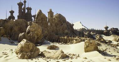 CGI Desert scene with unique rock formations and ancient architecture video