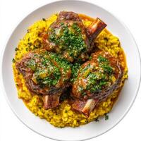 Lamb chops with rice and parsley on a white plate photo