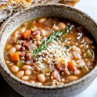 White bean soup with bacon and herbs photo