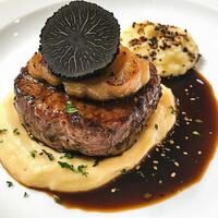 A steak with mushrooms and mashed potatoes on a white plate photo