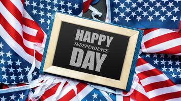 Festive celebration of Independence Day with American flags and a cheerful greeting displayed on a stylish frame photo