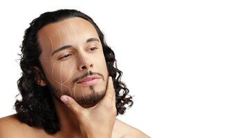 Man with curly hair applying face treatment in a bright setting, focusing on skincare and grooming techniques photo