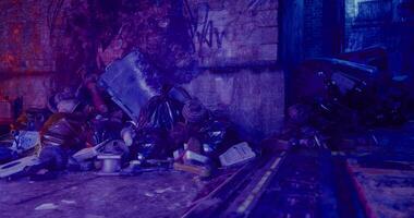 CGI Urban wasteland filled with discarded objects and vibrant neon lights video