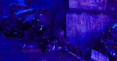 CGI Urban alley filled with discarded items and colorful neon lighting effects video