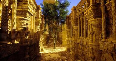 CGI Ancient temple ruins surrounded by lush greenery during golden hour light video