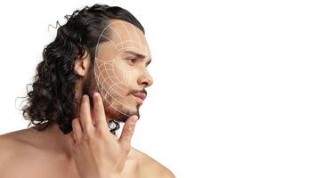 Man examines facial structure under digital overlay in modern art studio during daytime photo