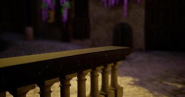 CGI Elegant courtyard with decorative railing and hanging flowers in soft light video