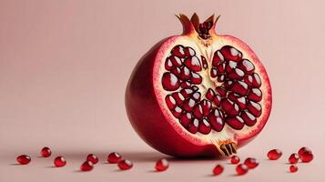Fresh Red Pomegranate Cut in Half with Seeds on Light Background photo