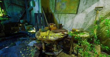 CGI Old workshop filled with greenery and forgotten tools in a rustic setting video
