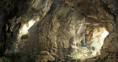 CGI Tunnels of light in a majestic cave surrounded by rock formations video