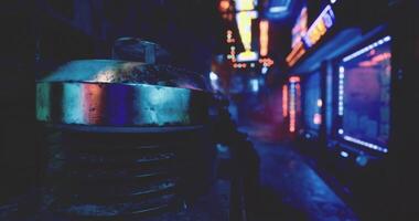 CGI Vibrant neon lights illuminate a cyberpunk alley with vintage machinery video