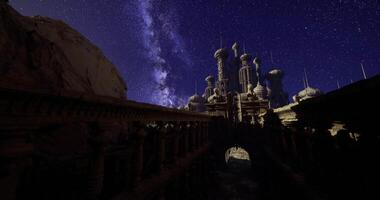 CGI Stunning night sky view over an ancient castle surrounded by mountains video