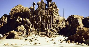 CGI Mysterious desert castle surrounded by rugged rocks under clear blue sky video