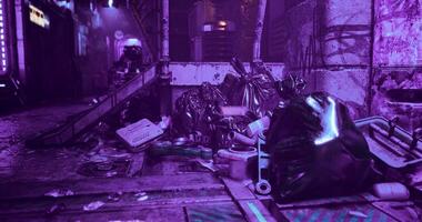 CGI Urban alleyway filled with trash in a neon lit futuristic setting video