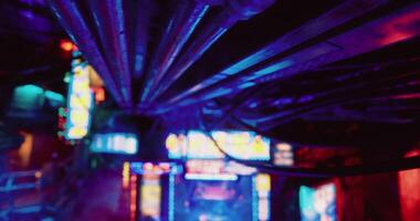 CGI Vibrant neon lights illuminate urban alleyway in a cyberpunk setting video