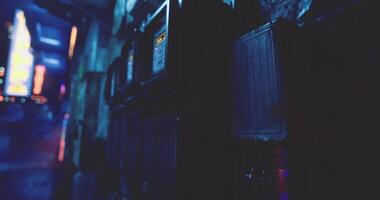 CGI Urban night scene featuring illuminated mailboxes in a dim alleyway video