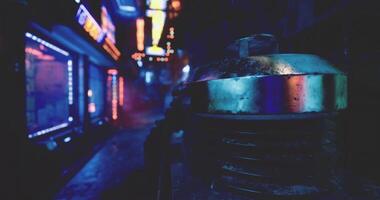 CGI Neon lights illuminate narrow alleyway with industrial focus at night video