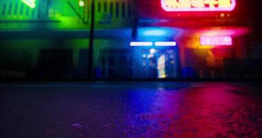 CGI Vibrant neon lights illuminate a night street with reflections and colors video