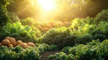 A sunlit garden patch featuring various cultivated fresh vegetables and pumpkins photo