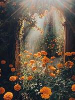 Sunlight streams through an archway illuminating orange flowers and foliage photo