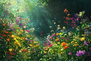 A vibrant garden scene with colorful flowers and sunlight shining through photo
