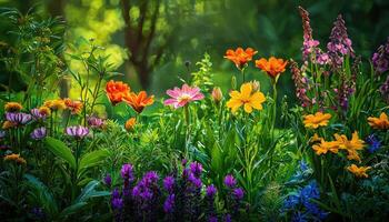 un vibrante colección de vistoso floreciente flores en un jardín ajuste foto