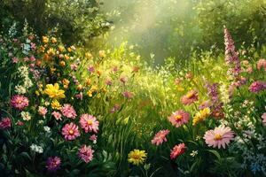 A vibrant painting featuring a field of colorful wildflowers photo