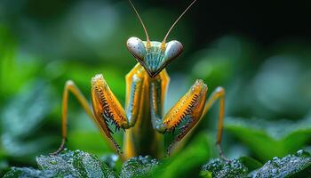 An amazing close up view of a colorful insect on leaves photo
