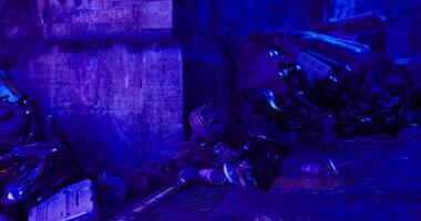 CGI Urban landscape filled with debris under neon lighting in a futuristic setting video