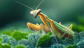 A close up image of a praying mantis resting on leaves photo