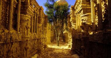 CGI Ancient temple ruins surrounded by majestic tree in golden sunlight video