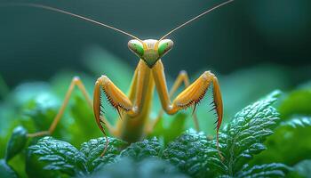 A detailed close up view of a praying mantis in nature photo