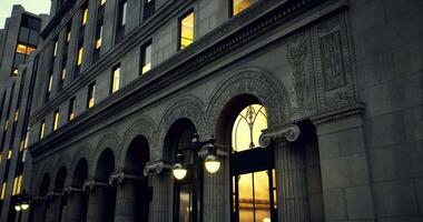 CGI Historic building with ornate architecture illuminated at dusk video