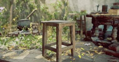 CGI Old wooden stool in a rustic outdoor setting surrounded by greenery video