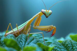 A detailed macro photograph of a praying mantis insect photo