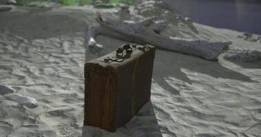 CGI Old suitcase rests on sandy shore near driftwood in serene setting video