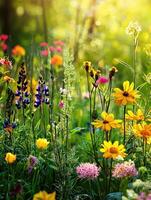 A vibrant field filled with many colorful blooming wildflowers photo