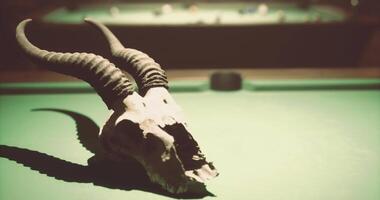 CGI Billiard table with decorative skull and horns in a dimly lit room video