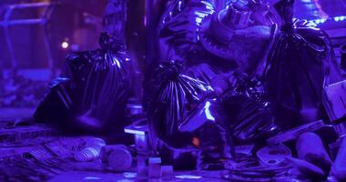 CGI Vibrant neon lights cast over a cluttered urban alley filled with trash video